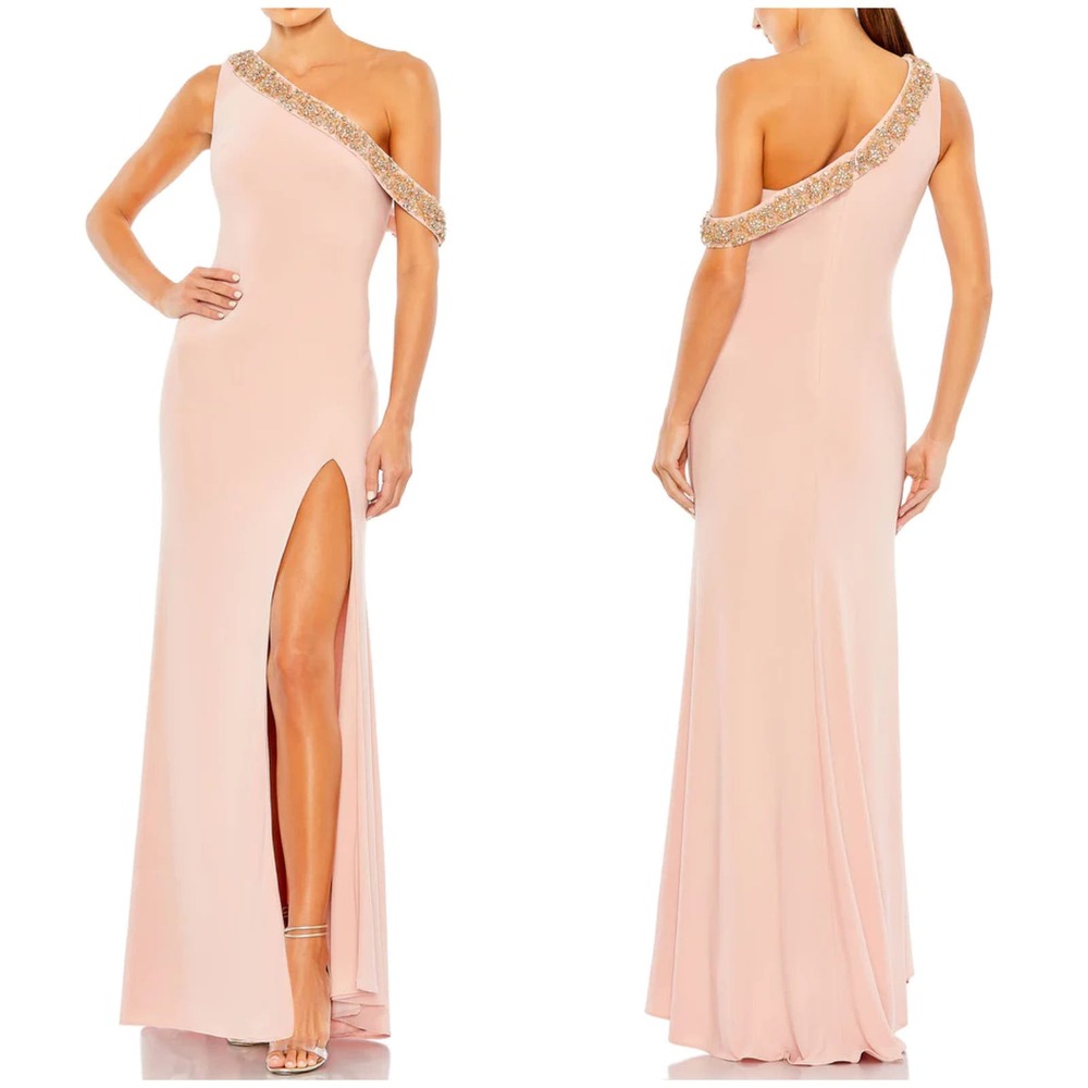 Mac Duggal NWT Beaded Drop Shoulder Jersey Gown Rose Pink Size 8 Rhinestone 6813